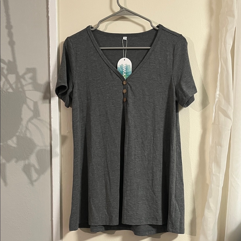 Gray V-Neck Buttoned Women's Top
